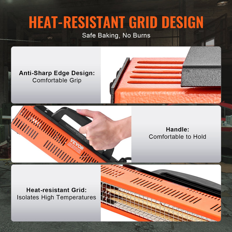 VEVOR 1000W käeshoitav infrapunavärvikuivatuslamp on suure jõudlusega seade, mis on mõeldud autokere värvide, kruntvärvide ja muude pinnakatete kiireks ja tõhusaks kuivatamiseks.