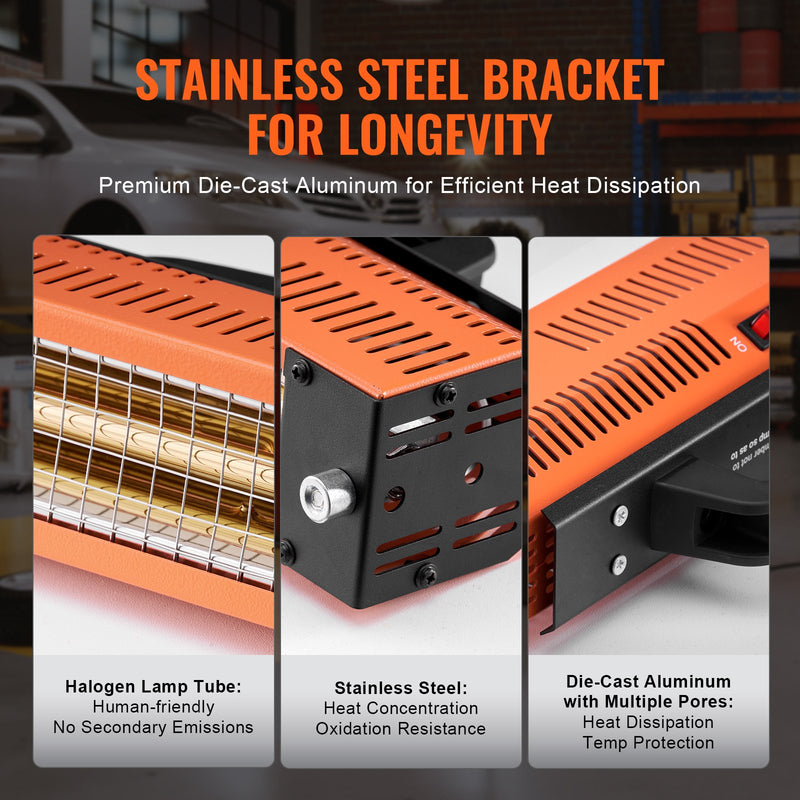 VEVOR 1000W käeshoitav infrapunavärvikuivatuslamp on suure jõudlusega seade, mis on mõeldud autokere värvide, kruntvärvide ja muude pinnakatete kiireks ja tõhusaks kuivatamiseks.