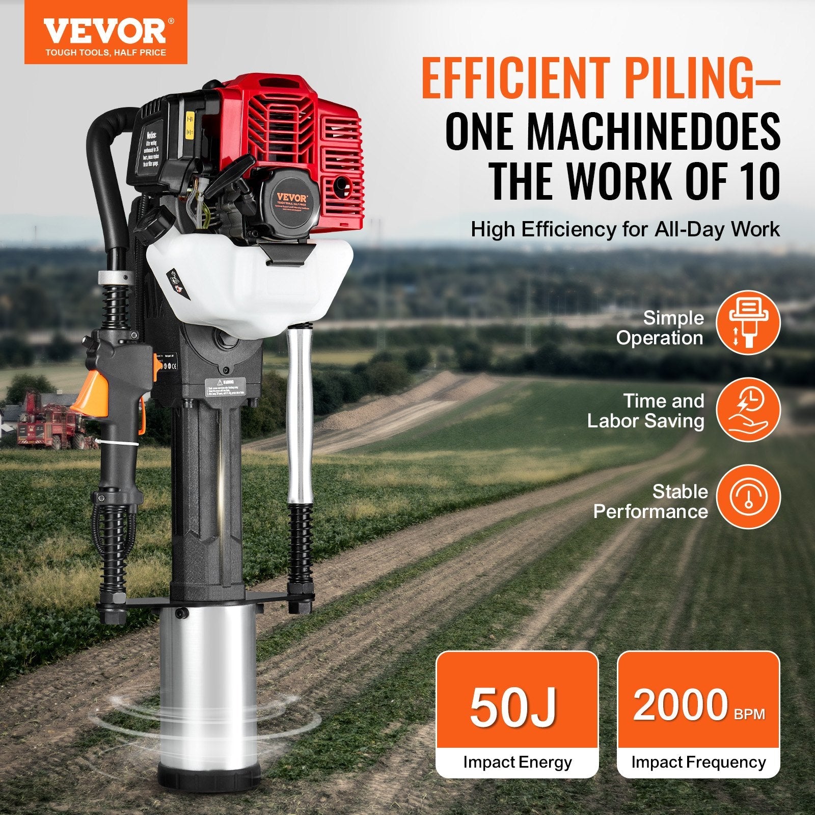 VEVOR 52 cm³ benzīna dzinēja T-veida stabu āmurs – 2-taktu žoga balstu dzenējs ar 3 uzgaļiem