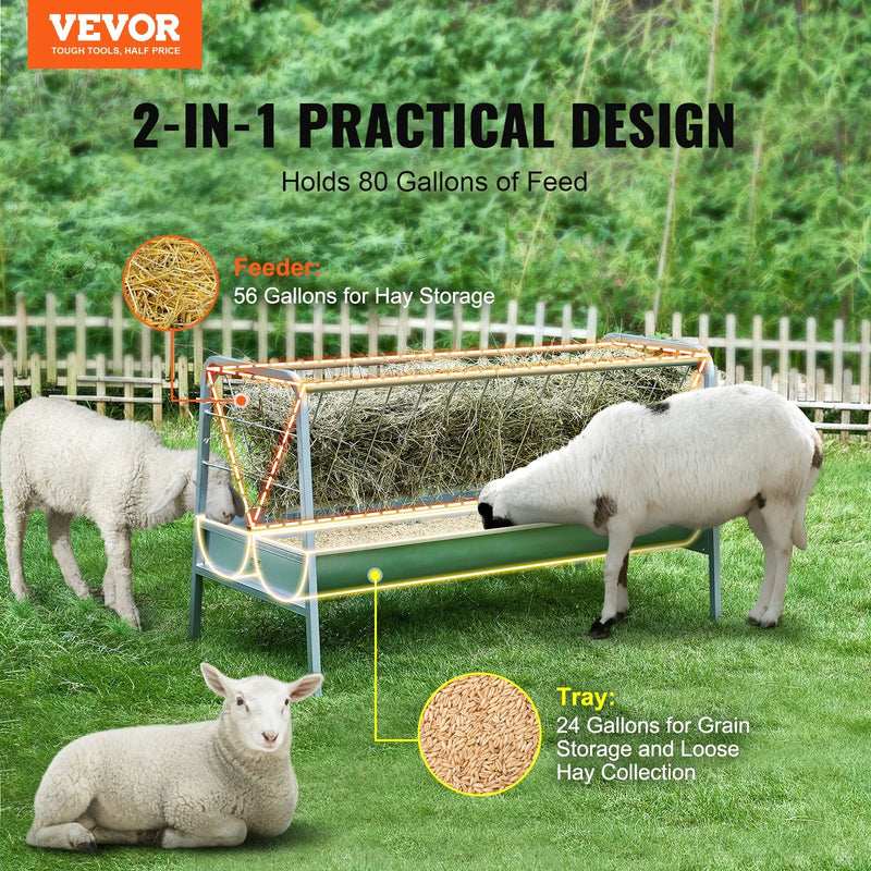VEVOR 2-in-1 graudu un siena barotava, 303 l ietilpība, 150 cm garums, dziļā barošanas vanna, smagā tērauda barotava kazām un aitā