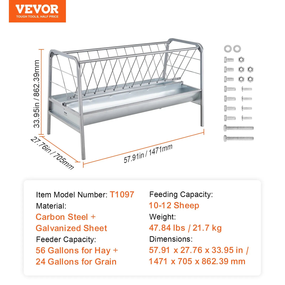 VEVOR 2-in-1 graudu un siena barotava, 303 l ietilpība, 150 cm garums, dziļā barošanas vanna, smagā tērauda barotava kazām un aitā