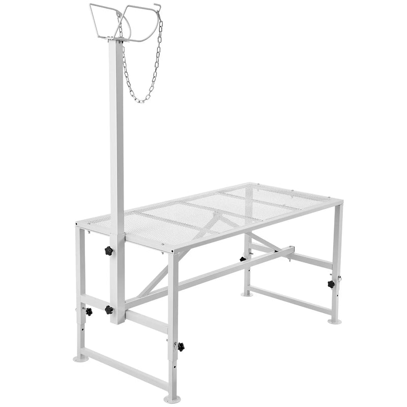 VEVOR kazu un aitu stends 120 × 58 cm, metāla stends slaukšanai un cirpšanai, regulējams augstums 53–84 cm, ar galvas fiksatoru un purna cilpu, nestspēja 226 kg, balts