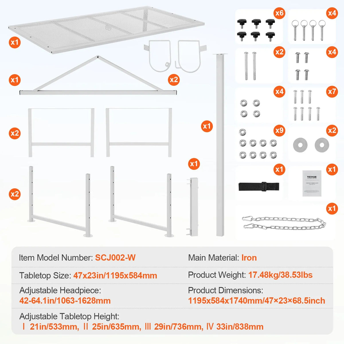 VEVOR kazu un aitu stends 120 × 58 cm, metāla stends slaukšanai un cirpšanai, regulējams augstums 53–84 cm, ar galvas fiksatoru un purna cilpu, nestspēja 226 kg, balts