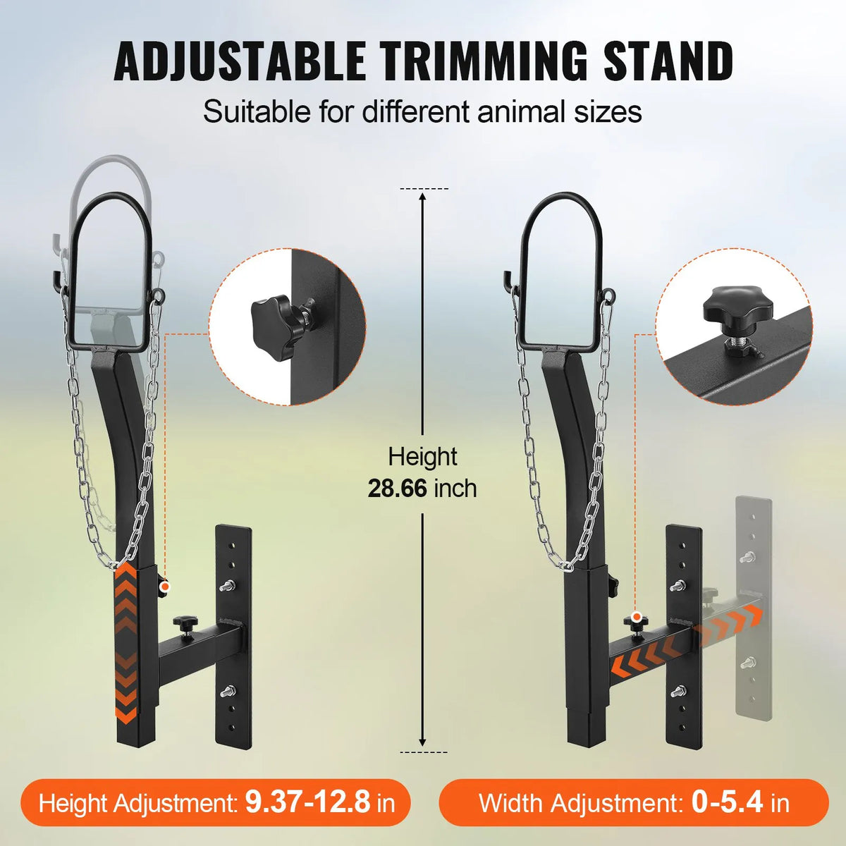 VEVOR kazu un aitu kopšanas stenda uzlika, metāla stends ar regulējamu augstumu 24–32,5 cm un platumu 0–13,7 cm, ar galvas fiksatoru un purna cilpu, melns