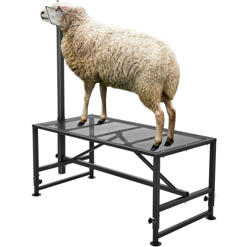 VEVOR kazu un aitu stends 120 × 58 cm, metāla stends slaukšanai un cirpšanai, augstums regulējams 53–84 cm, ar galvas fiksatoru un purna cilpu, 226 kg noslodze, melns