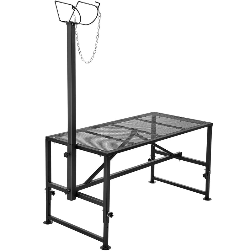 VEVOR kazu un aitu stends 120 × 58 cm, metāla stends slaukšanai un cirpšanai, augstums regulējams 53–84 cm, ar galvas fiksatoru un purna cilpu, 226 kg noslodze, melns