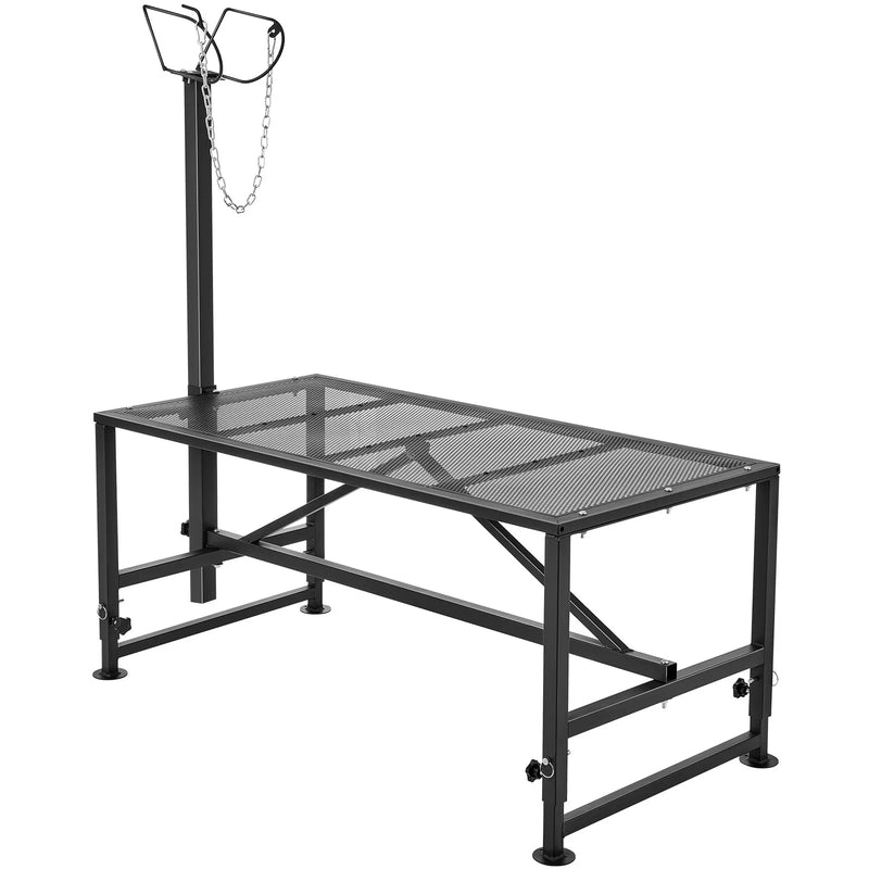 VEVOR kazu un aitu stends 120 × 58 cm, metāla stends slaukšanai un cirpšanai, augstums regulējams 53–84 cm, ar galvas fiksatoru un purna cilpu, 226 kg noslodze, melns