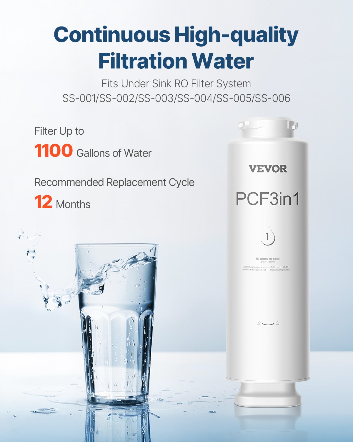 VEVOR PCF kompozītmateriāla filtrs – piemērots SS-001/003/005 izlietnes ūdens filtru modeļiem