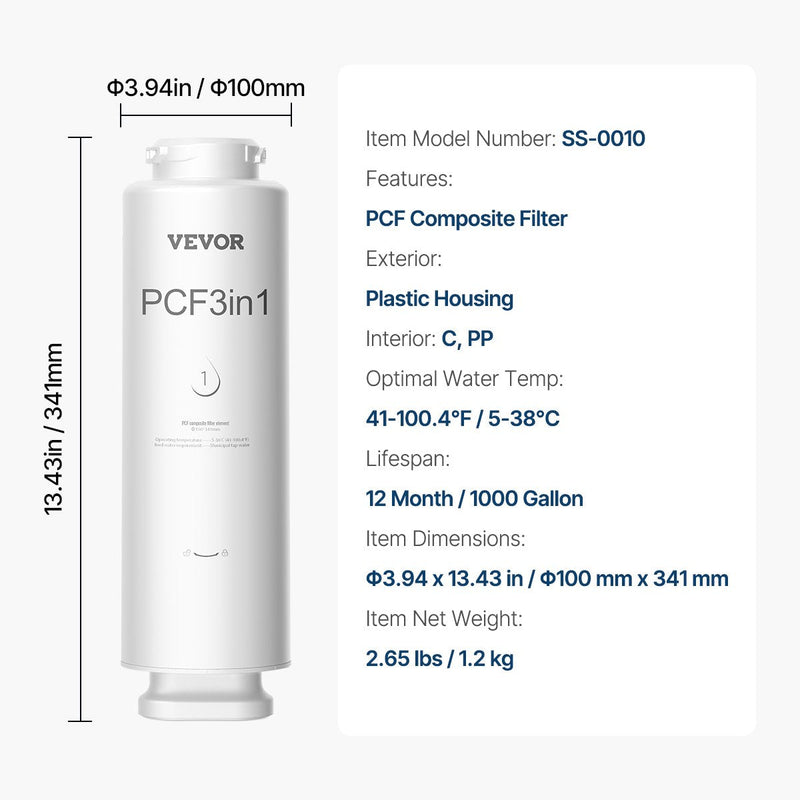 VEVOR PCF kompozītmateriāla filtrs – piemērots SS-001/003/005 izlietnes ūdens filtru modeļiem