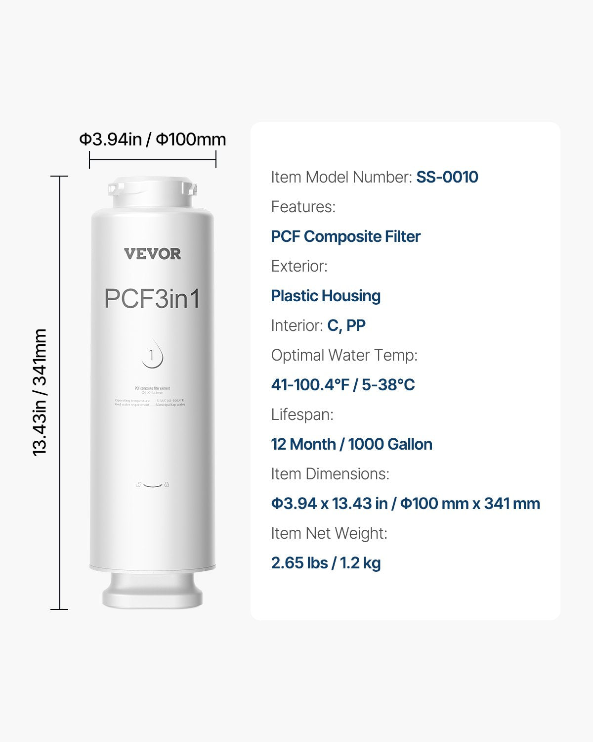 VEVOR PCF kompozītmateriāla filtrs – piemērots SS-001/003/005 izlietnes ūdens filtru modeļiem