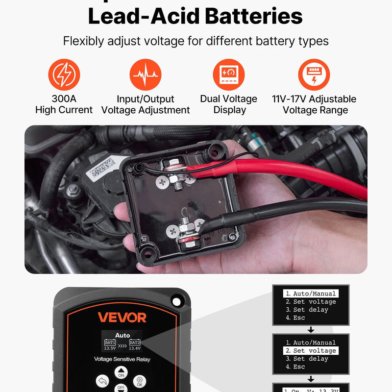 VEVOR divu akumulatoru izolators 12 V, 300 A, manuāls un automātisks VSR spriegumjutīgs relejs ar LCD displeju, piemērots litija un svina-skābes akumulatoriem automašīnām, kravas auto, kemperiem, UTV, ATV un laivām