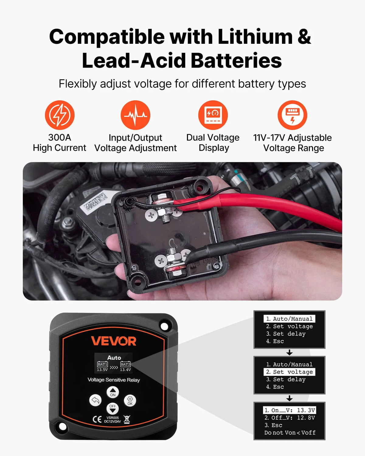 VEVOR divu akumulatoru izolators 12 V, 300 A, manuāls un automātisks VSR spriegumjutīgs relejs ar LCD displeju, piemērots litija un svina-skābes akumulatoriem automašīnām, kravas auto, kemperiem, UTV, ATV un laivām