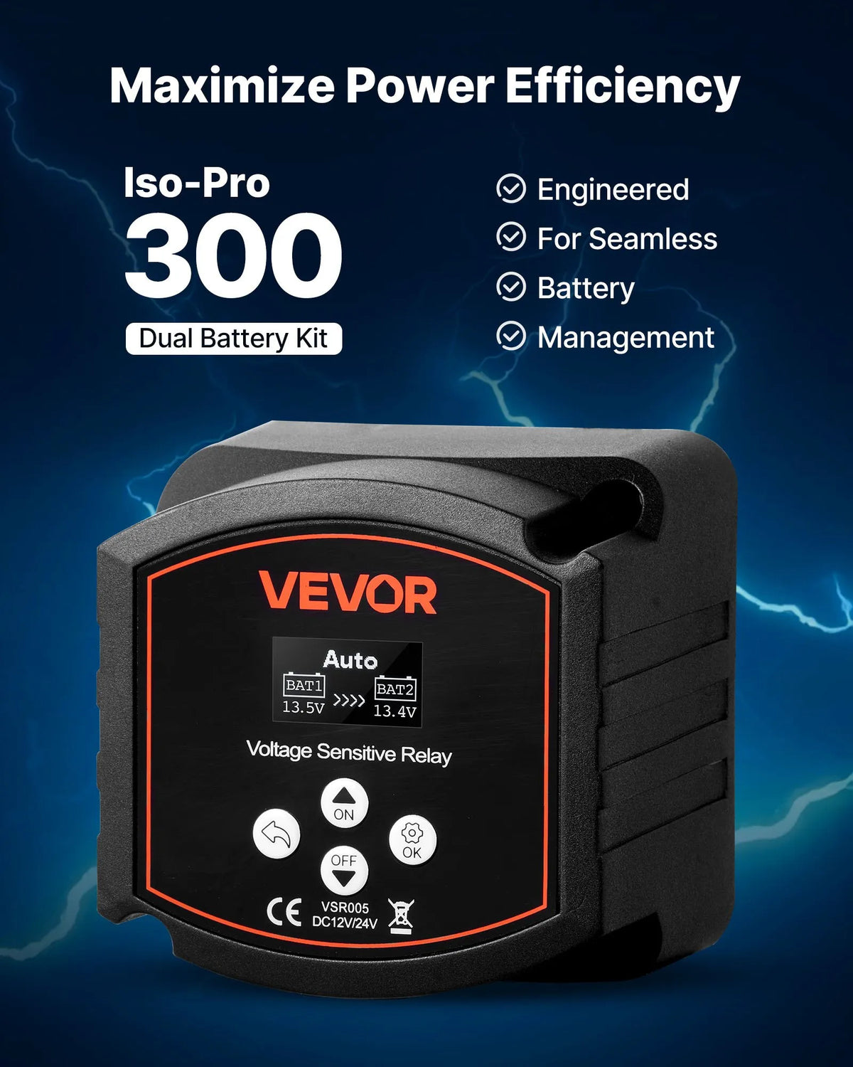VEVOR divu akumulatoru izolators 12 V, 300 A, manuāls un automātisks VSR spriegumjutīgs relejs ar LCD displeju, piemērots litija un svina-skābes akumulatoriem automašīnām, kravas auto, kemperiem, UTV, ATV un laivām