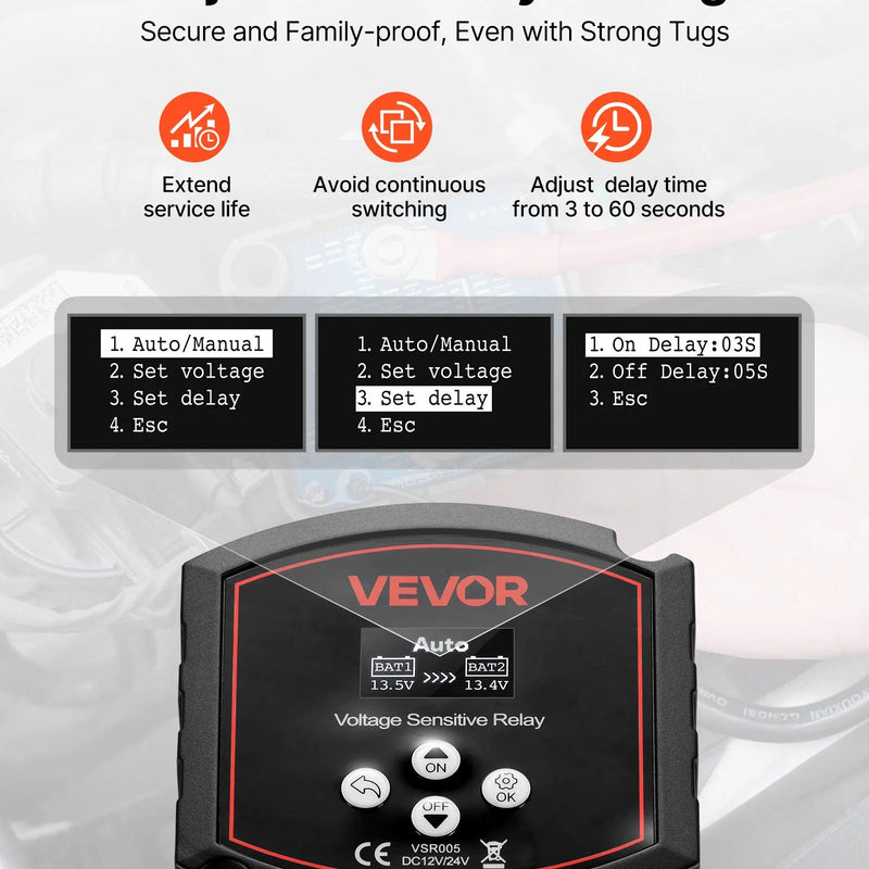 VEVOR divu akumulatoru izolators 12 V, 300 A, manuāls un automātisks VSR spriegumjutīgs relejs ar LCD displeju, piemērots litija un svina-skābes akumulatoriem automašīnām, kravas auto, kemperiem, UTV, ATV un laivām