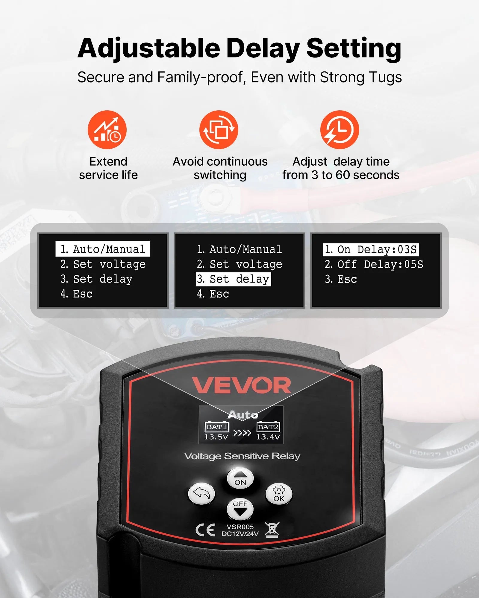 VEVOR divu akumulatoru izolators 12 V, 300 A, manuāls un automātisks VSR spriegumjutīgs relejs ar LCD displeju, piemērots litija un svina-skābes akumulatoriem automašīnām, kravas auto, kemperiem, UTV, ATV un laivām