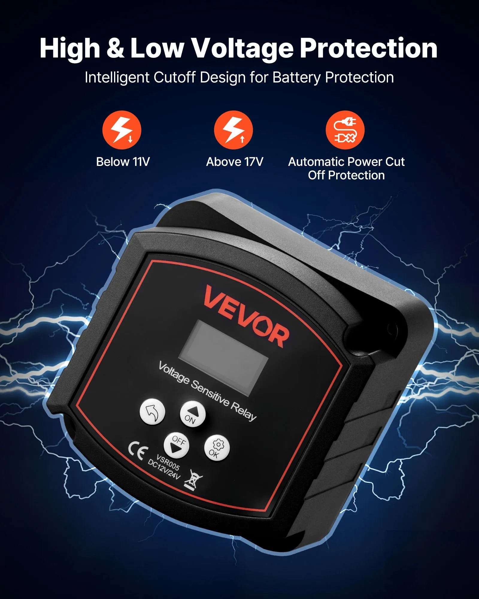 VEVOR divu akumulatoru izolators 12 V, 300 A, manuāls un automātisks VSR spriegumjutīgs relejs ar LCD displeju, piemērots litija un svina-skābes akumulatoriem automašīnām, kravas auto, kemperiem, UTV, ATV un laivām