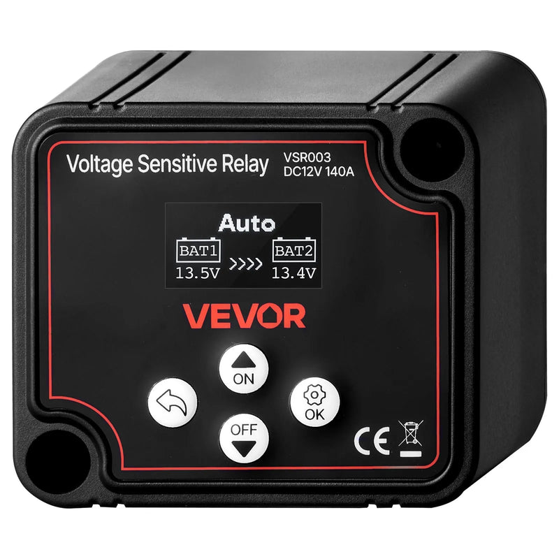 VEVOR dubultā akumulatora izolators 12 V 140 A, manuāls un automātisks VSR spriegumjutīgs relejs ar LCD displeju, piemērots litija un svina-skābes akumulatoriem automašīnām, kravas auto, kemperiem, UTV, ATV un laivām