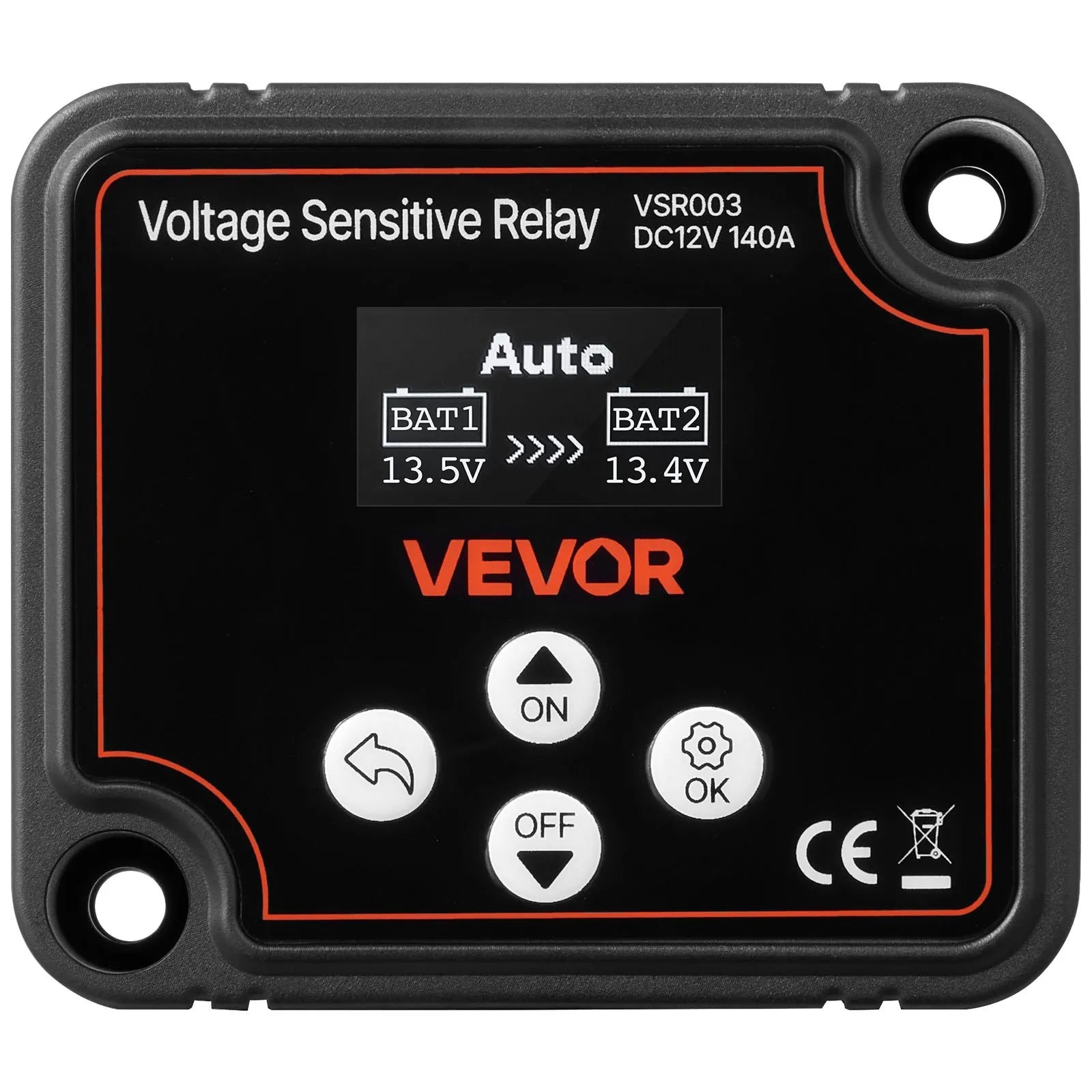 VEVOR dubultā akumulatora izolators 12 V 140 A, manuāls un automātisks VSR spriegumjutīgs relejs ar LCD displeju, piemērots litija un svina-skābes akumulatoriem automašīnām, kravas auto, kemperiem, UTV, ATV un laivām
