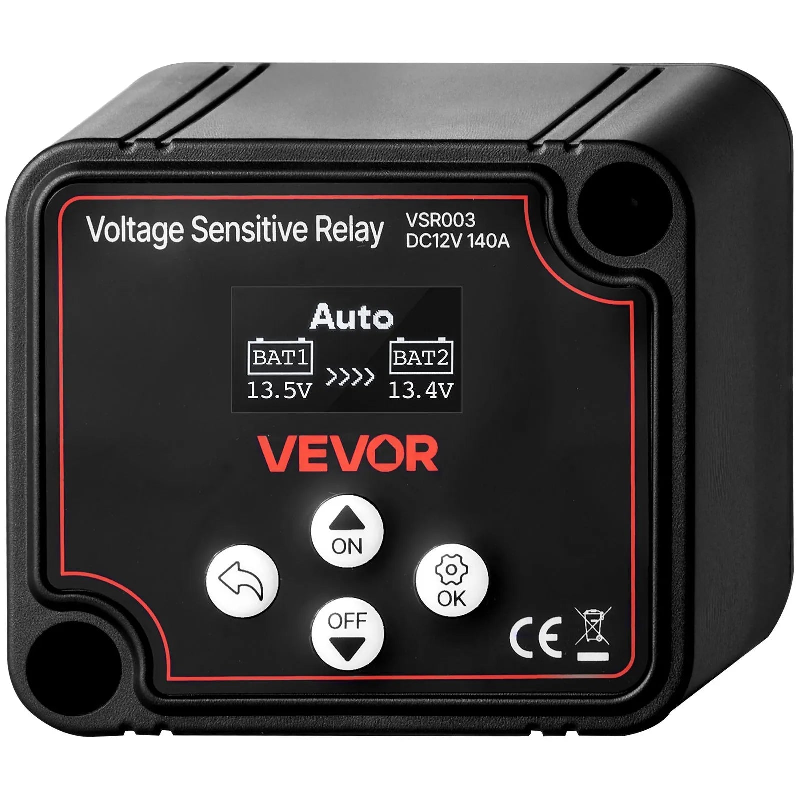 VEVOR dubultā akumulatora izolators 12 V 140 A, manuāls un automātisks VSR spriegumjutīgs relejs ar LCD displeju, piemērots litija un svina-skābes akumulatoriem automašīnām, kravas auto, kemperiem, UTV, ATV un laivām