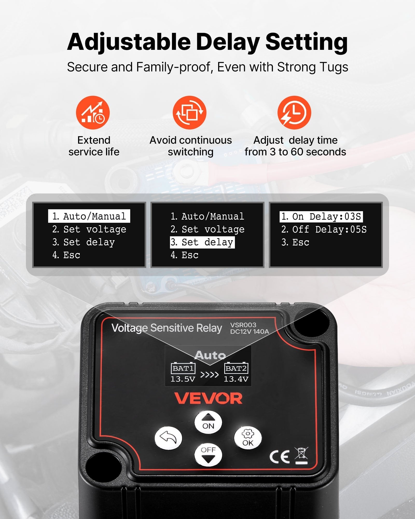 VEVOR dubultā akumulatora izolators 12 V 140 A, manuāls un automātisks VSR spriegumjutīgs relejs ar LCD displeju, piemērots litija un svina-skābes akumulatoriem automašīnām, kravas auto, kemperiem, UTV, ATV un laivām