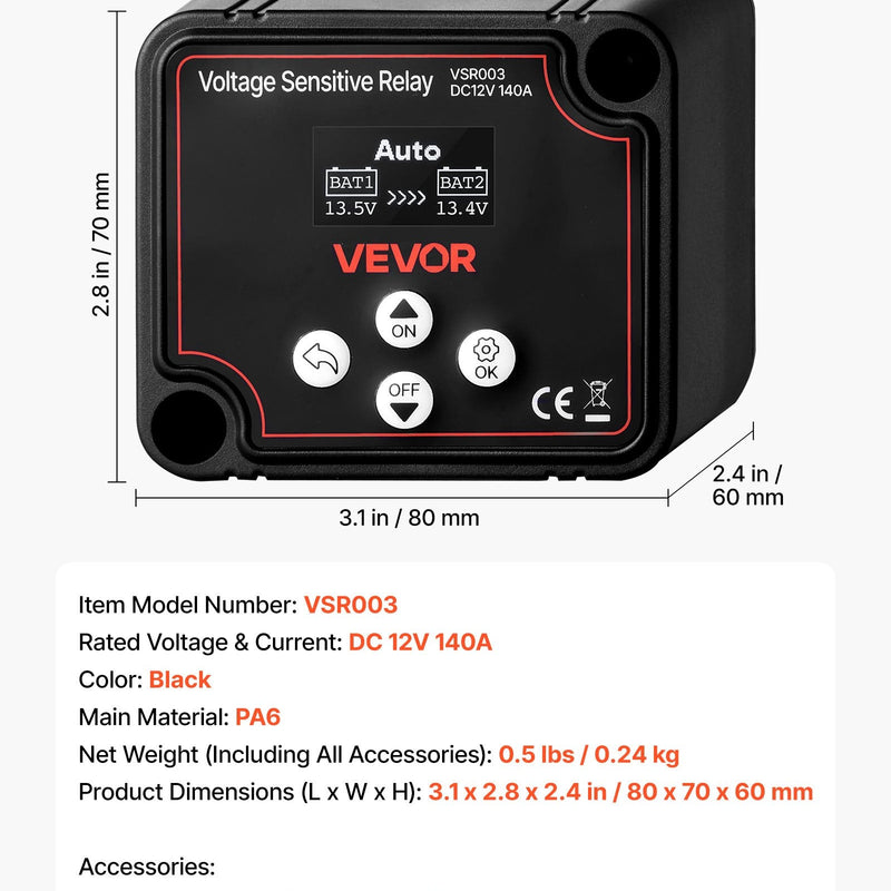 VEVOR dubultā akumulatora izolators 12 V 140 A, manuāls un automātisks VSR spriegumjutīgs relejs ar LCD displeju, piemērots litija un svina-skābes akumulatoriem automašīnām, kravas auto, kemperiem, UTV, ATV un laivām