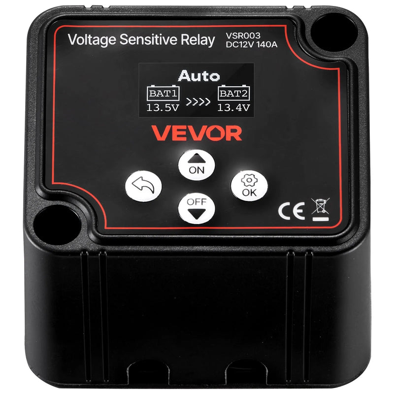 VEVOR dubultā akumulatora izolators 12 V 140 A, manuāls un automātisks VSR spriegumjutīgs relejs ar LCD displeju, piemērots litija un svina-skābes akumulatoriem automašīnām, kravas auto, kemperiem, UTV, ATV un laivām