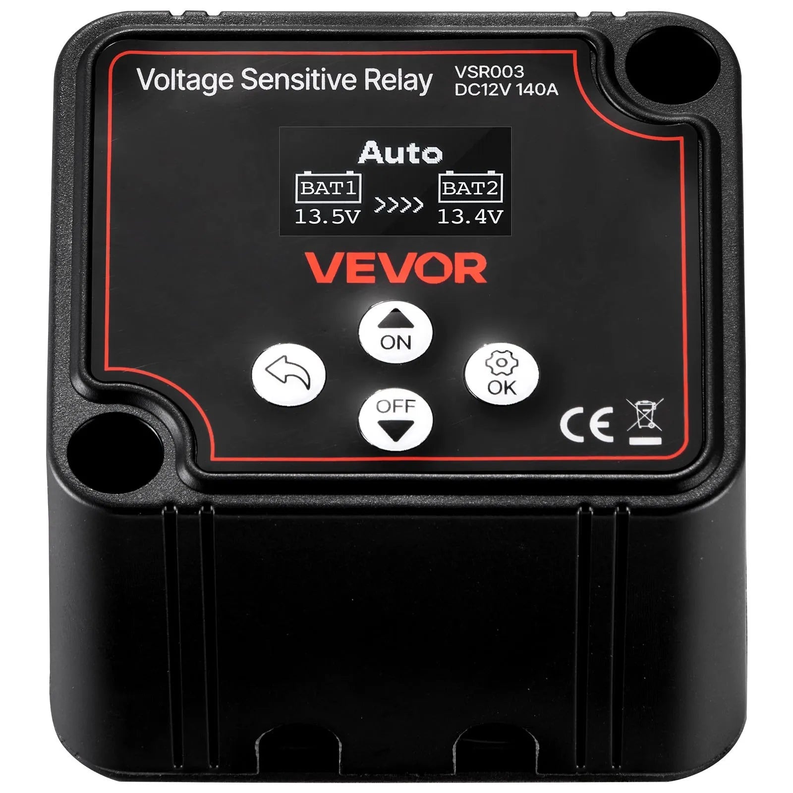 VEVOR dubultā akumulatora izolators 12 V 140 A, manuāls un automātisks VSR spriegumjutīgs relejs ar LCD displeju, piemērots litija un svina-skābes akumulatoriem automašīnām, kravas auto, kemperiem, UTV, ATV un laivām