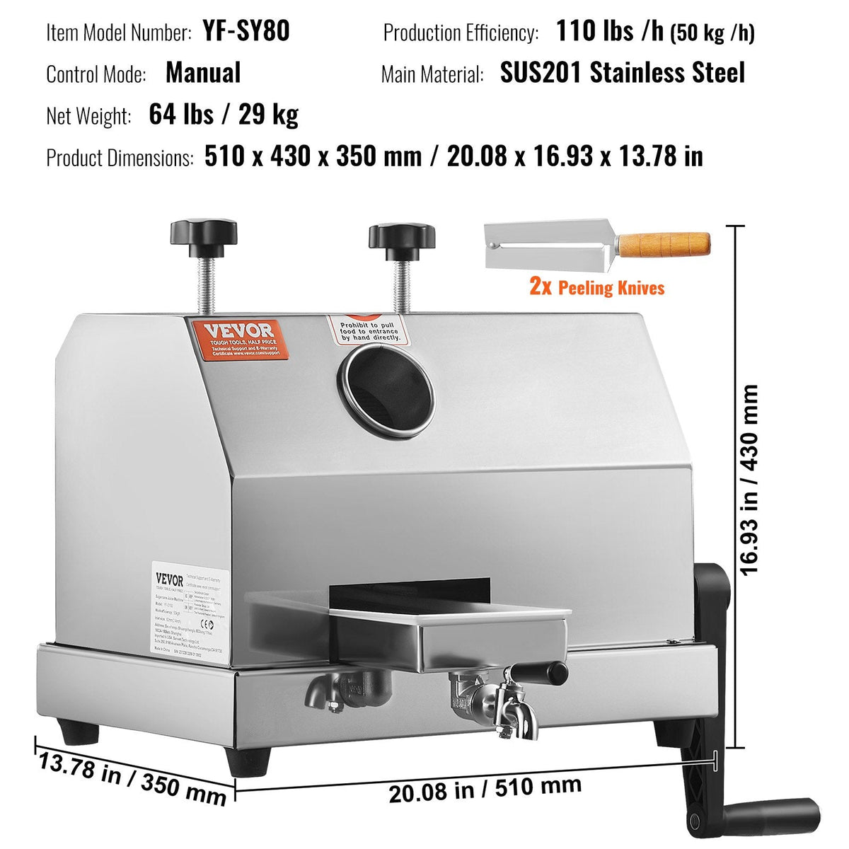 VEVOR komerciālā cukurniedru sulu spiede, 3 veltņi, 6 cm padeve, jauda 50 kg/h