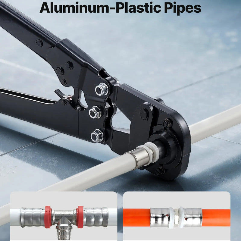 VEVOR cauruļu presēšanas instrumentu komplekts PEX un alumīnija–plastmasas caurulēm ar TH12, TH16, TH20, TH26, TH32 spīlēm, lokāmu rokturi, kompaktā viena porta presētājs ar uzglabāšanas koferi cauruļvadu remontam un uzstādīšanai