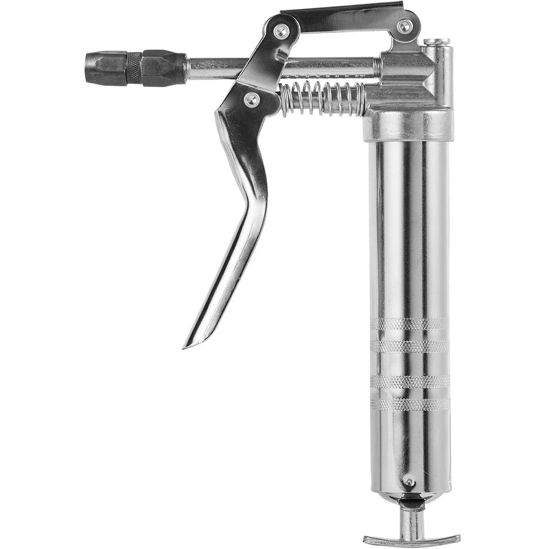 Шприц для смазки с ручкой, 240 бар, емкость 120 мл, профессиональная усиленная конструкция, с гибким шлангом 295 мм, 2 черными плоскими соединителями, 1 усиленной насадкой и 2 жесткими металлическими трубками