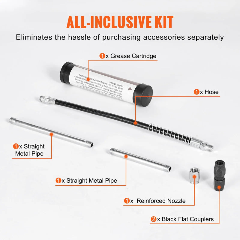 Шприц для смазки с ручкой, 240 бар, емкость 120 мл, профессиональная усиленная конструкция, с гибким шлангом 295 мм, 2 черными плоскими соединителями, 1 усиленной насадкой и 2 жесткими металлическими трубками