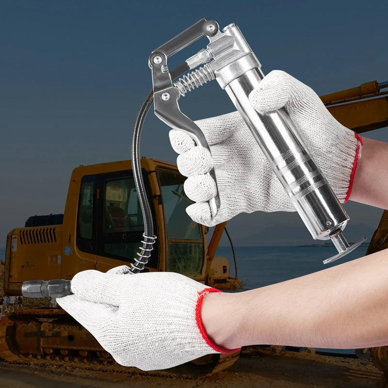 Шприц для смазки с ручкой, 240 бар, емкость 120 мл, профессиональная усиленная конструкция, с гибким шлангом 295 мм, 2 черными плоскими соединителями, 1 усиленной насадкой и 2 жесткими металлическими трубками