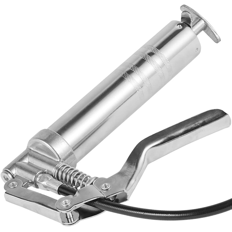 Шприц для смазки с ручкой, 240 бар, емкость 120 мл, профессиональная усиленная конструкция, с гибким шлангом 295 мм, 2 черными плоскими соединителями, 1 усиленной насадкой и 2 жесткими металлическими трубками