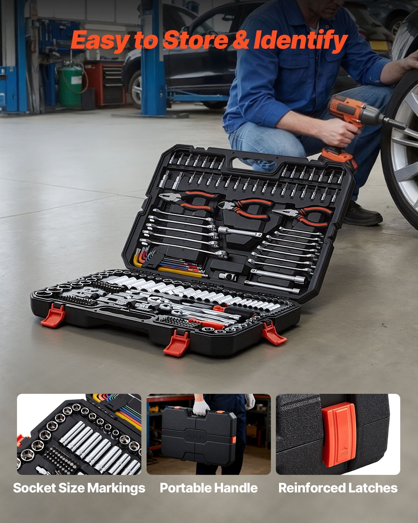 VEVOR 314 daļu mehāniķa instrumentu komplekts ar metriskajām uzgriežņu galvām, kombinētajām un sprūdrata atslēgām, sešstūra atslēgām, skrūvgriežu uzgaļiem un piederumiem, ar uzglabāšanas koferi auto un mājas remontam