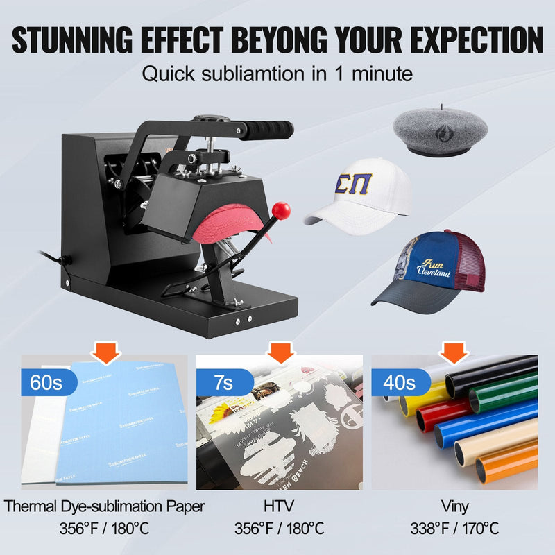 VEVOR 4-in-1 cepuru termoprese, 15 x 7,5 cm klapējama sublimācijas prese, LCD digitālais taimeris un temperatūras kontrole, 4 izliekta dizaina sildīšanas elementi (15 x 7,5 cm / 17 x 6,8 cm / 17 x 6,8 cm / 20,5 x 9 cm)