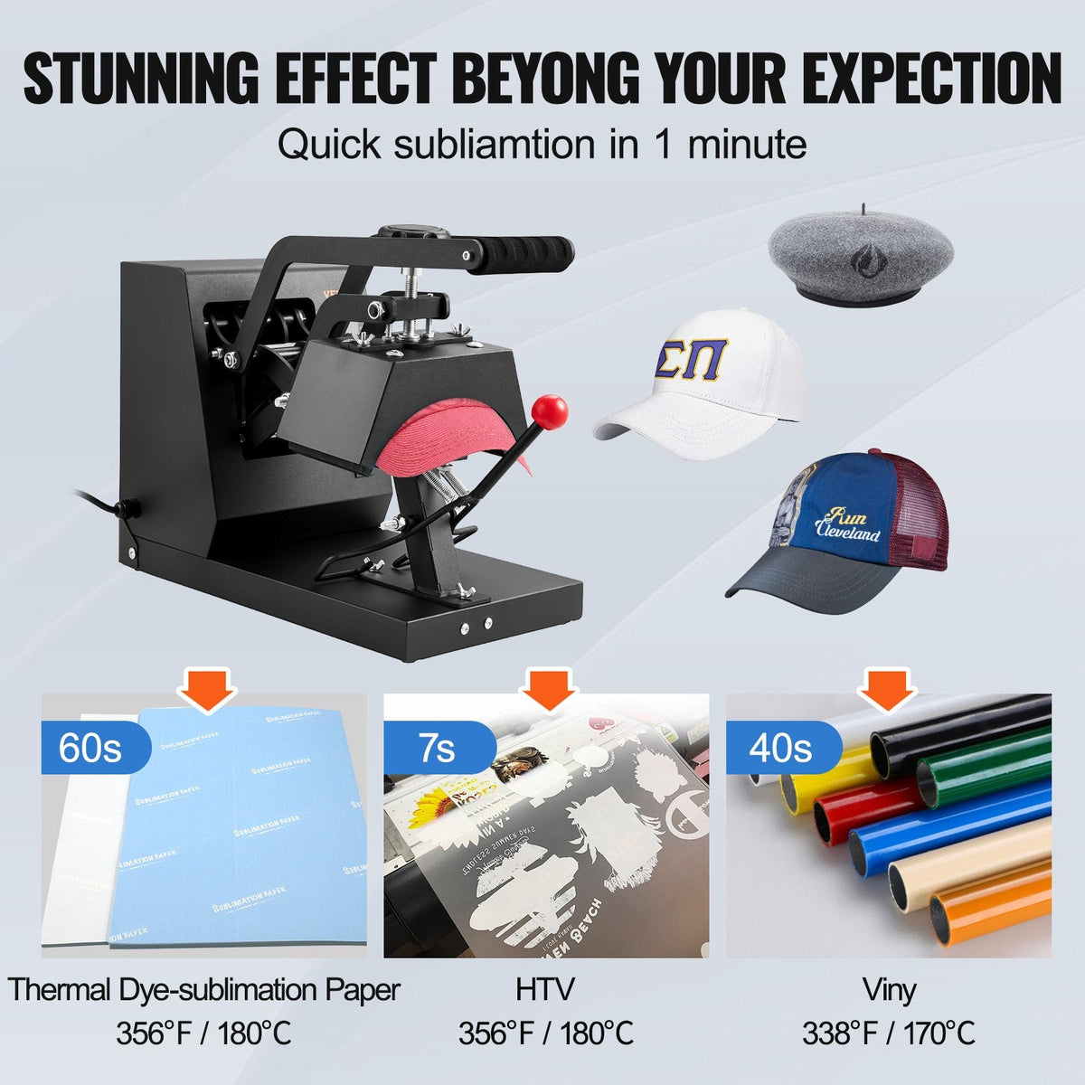 VEVOR 4-in-1 cepuru termoprese, 15 x 7,5 cm klapējama sublimācijas prese, LCD digitālais taimeris un temperatūras kontrole, 4 izliekta dizaina sildīšanas elementi (15 x 7,5 cm / 17 x 6,8 cm / 17 x 6,8 cm / 20,5 x 9 cm)
