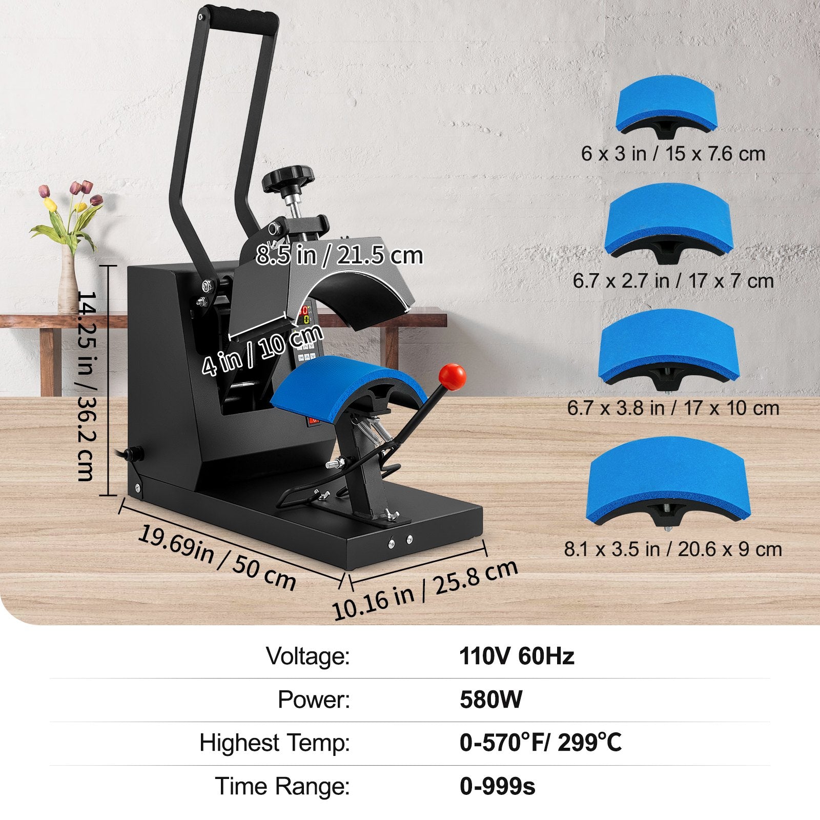 VEVOR 4-in-1 cepuru termoprese, 15 x 7,5 cm klapējama sublimācijas prese, LCD digitālais taimeris un temperatūras kontrole, 4 izliekta dizaina sildīšanas elementi (15 x 7,5 cm / 17 x 6,8 cm / 17 x 6,8 cm / 20,5 x 9 cm)