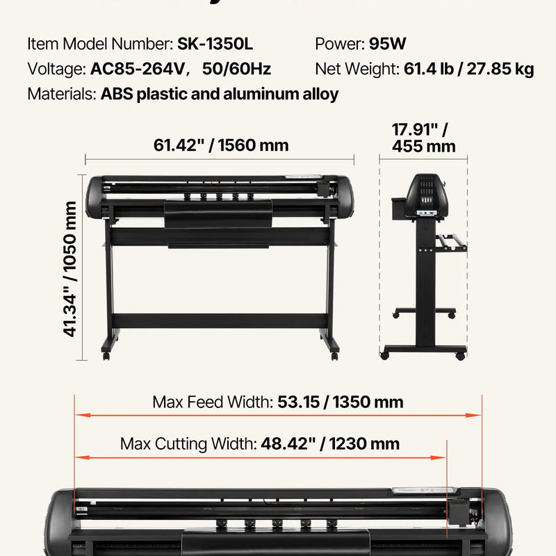 VEVOR vinila griešanas ploteris ar 1350 mm maksimālo materiāla padevi, diviem asmeņiem, regulējamu griešanas spēku un ātrumu, LED displeju, ar SignMaster programmatūru, saderīgs ar Windows un macOS