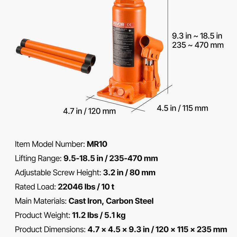 Hidrauliskais pudeļveida domkrats, 10 t, 235–470 mm, oranžs
