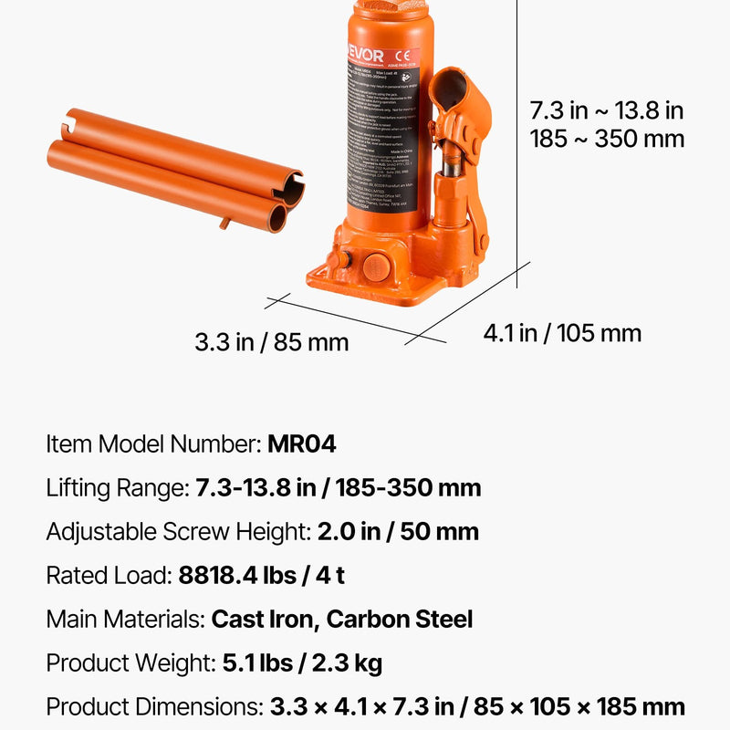 Hidrauliskais pudeļveida domkrats, 4 t, 185–350 mm, oranžs
