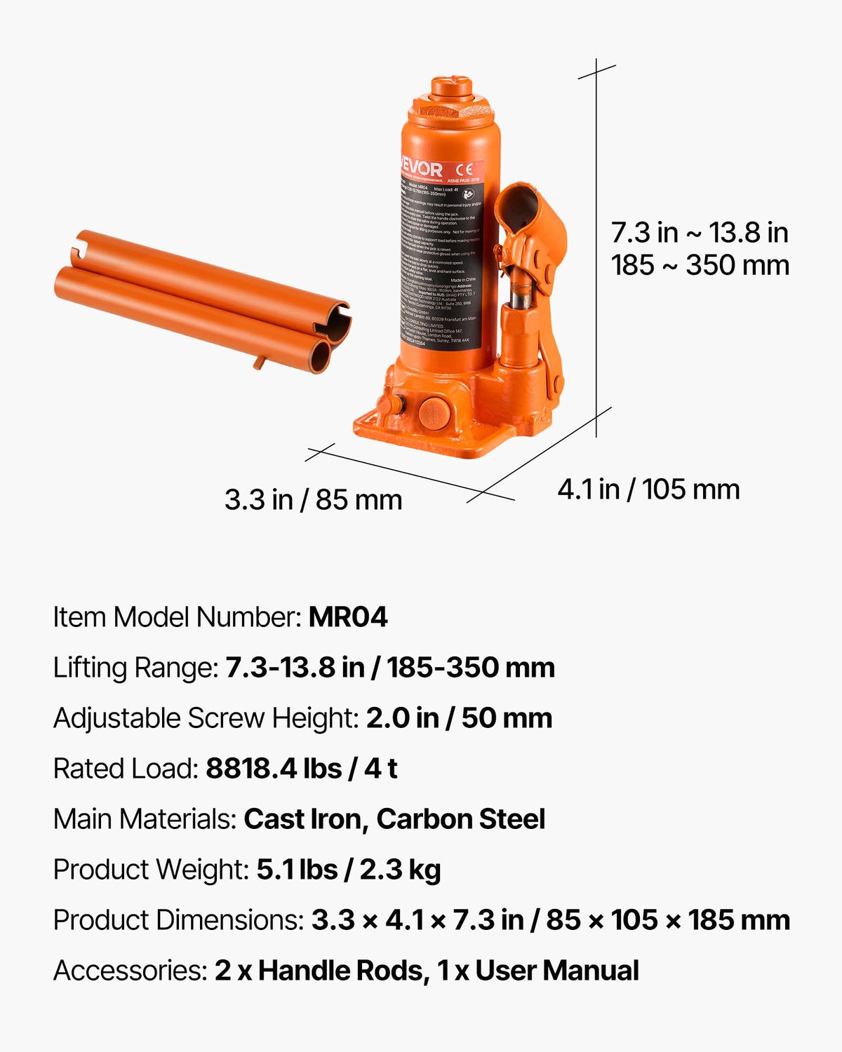 Hidrauliskais pudeļveida domkrats, 4 t, 185–350 mm, oranžs