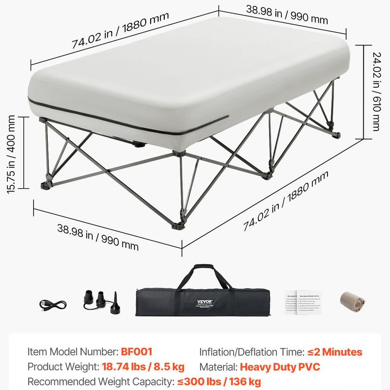 VEVOR Inflatable mattress with frame and pump, 1 person, for camping, up to 136 kg