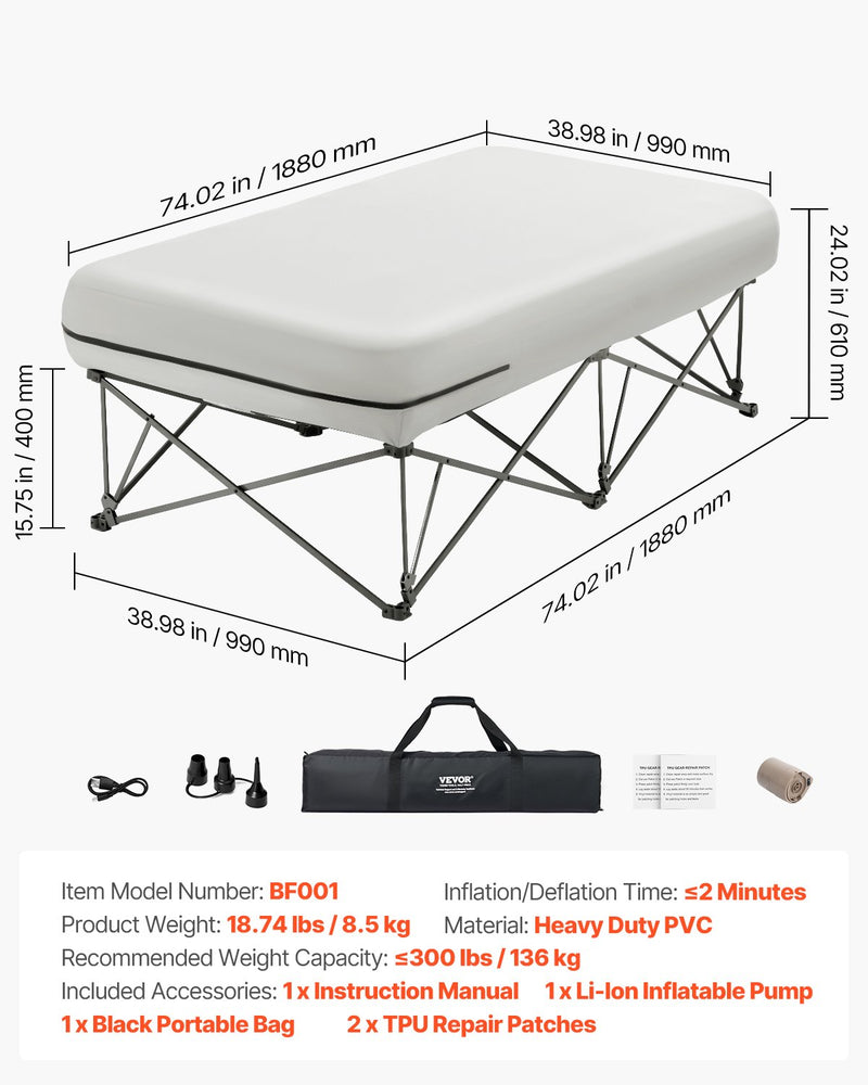 VEVOR Inflatable mattress with frame and pump, 1 person, for camping, up to 136 kg