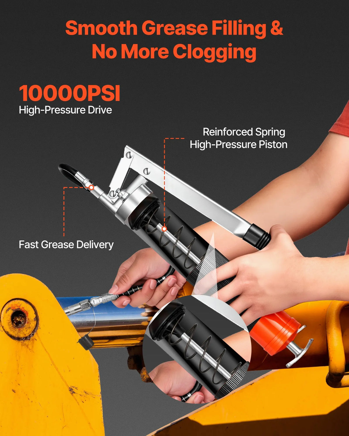 VEVOR smērviela pistole, 10 000 PSI augstspiediena, izturīgs smērvielas pistoles komplekts ar pistoles tipa rokturi, 0,4 l ietilpība, komplektā 46 cm elastīgā šļūtene, 1 stingra pagarinājuma caurule un 1 smailais uzgalis automobiļu un jūras tehnikai