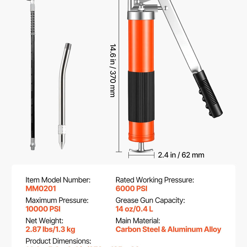 VEVOR smērviela pistole, 10 000 PSI augstspiediena, izturīgs smērvielas pistoles komplekts ar pistoles tipa rokturi, 0,4 l ietilpība, komplektā 46 cm elastīgā šļūtene, 1 stingra pagarinājuma caurule un 1 smailais uzgalis automobiļu un jūras tehnikai