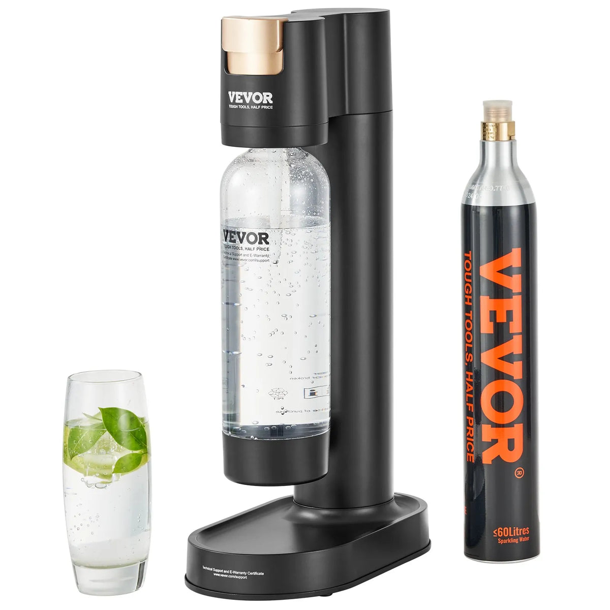VEVOR gāzēta ūdens aparāts, sodas pagatavošanas iekārta mājas lietošanai, seltzera ūdens sākuma komplekts ar BPA nesaturošu 1 l PET pudeli un CO₂ balonu, saderīgs ar standarta ieskrūvējamiem 60 l CO₂ baloniem