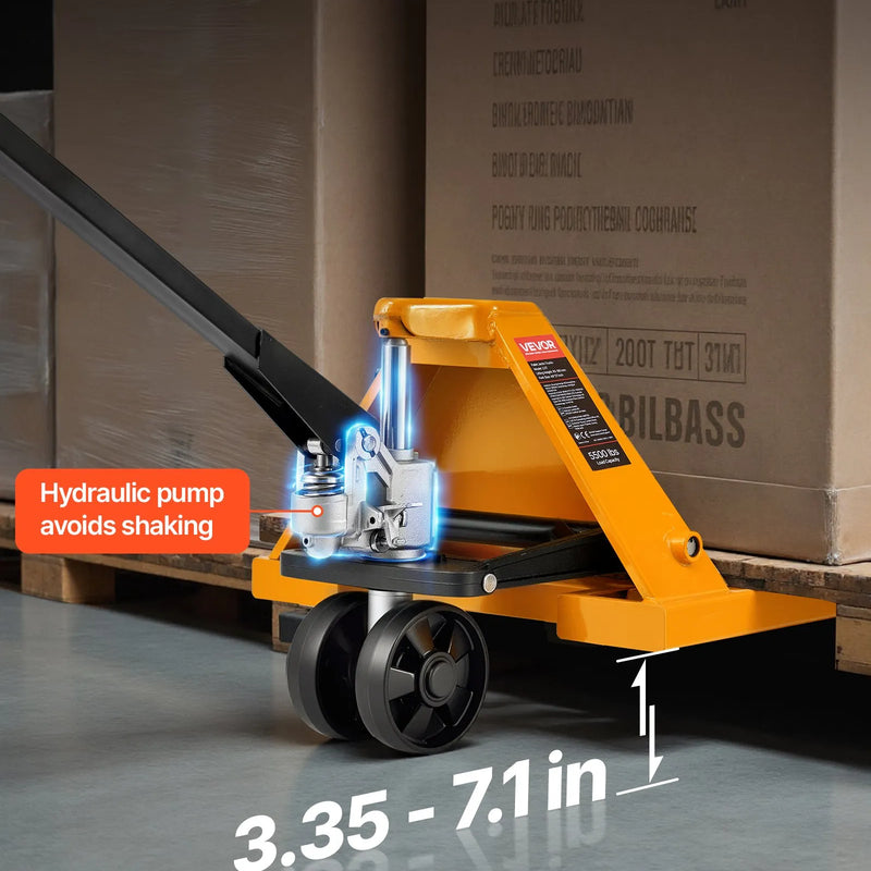 Rokas palešu rati, 2,5 t kravnesība, ar 122 × 68,6 cm dakšām materiālu pārvietošanai, dakšu pacelšanas augstuma diapazons 85–180 mm, piemēroti noliktavām, lielveikaliem un ražošanai