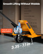 Rokas palešu rati, 2,5 t kravnesība, ar 122 × 68,6 cm dakšām materiālu pārvietošanai, dakšu pacelšanas augstuma diapazons 85–180 mm, piemēroti noliktavām, lielveikaliem un ražošanai