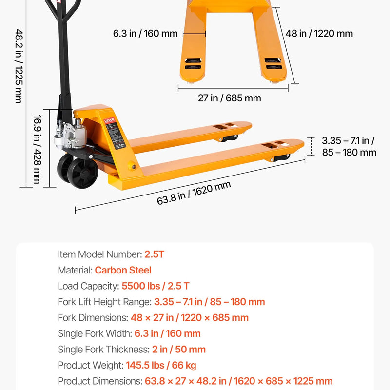 Rokas palešu rati, 2,5 t kravnesība, ar 122 × 68,6 cm dakšām materiālu pārvietošanai, dakšu pacelšanas augstuma diapazons 85–180 mm, piemēroti noliktavām, lielveikaliem un ražošanai
