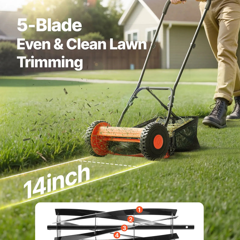 VEVOR manuālā cilindriskā zāles pļaujmašīna 35 cm ar 5 asmeņiem, bezmotora stumjama zāles pļaujmašīna ar regulējamu pļaušanas augstumu 15–45 mm un zāles savākšanas maisu, piemērota zālieniem, piebraucamajiem ceļiem un pagalmiem
